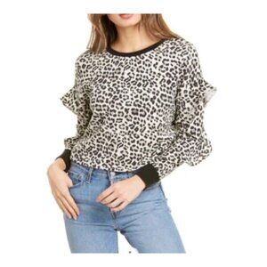 Alice + Olivia Leopard Print Ruffle Sleeve Top XS Black/White‎